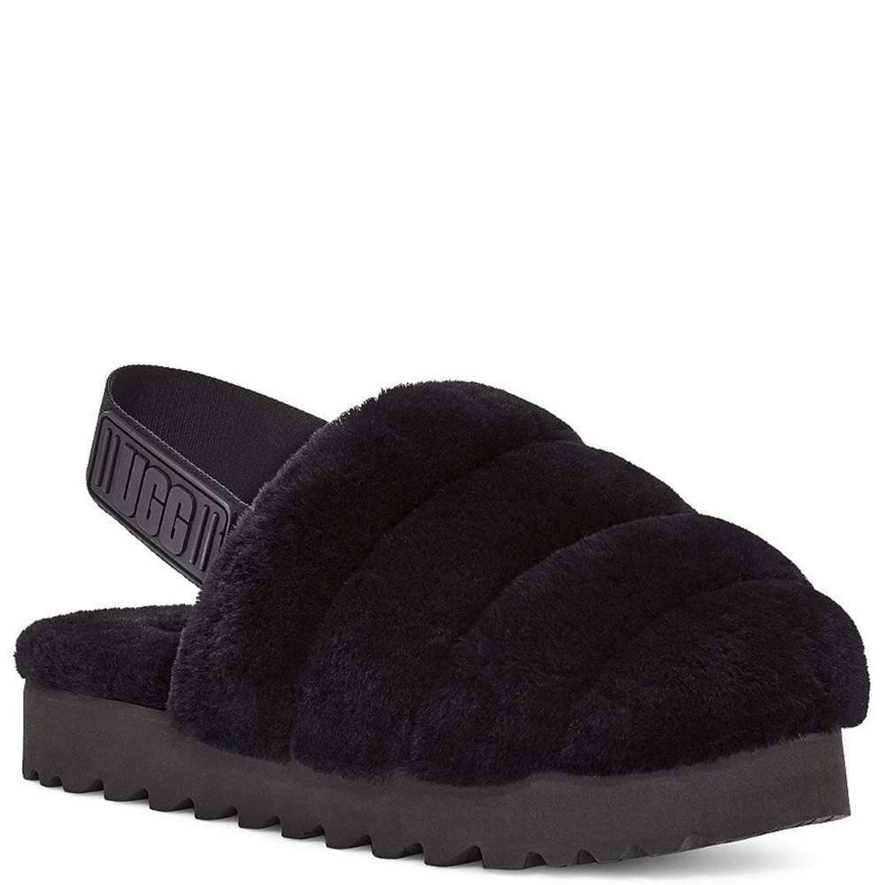 NEW UGG Super Fluff Fur Slippers Black Size 7 US 0289